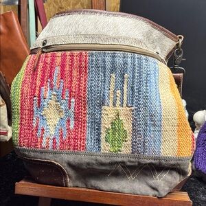 Myra Bag with Brown Leather and Cream Pattern